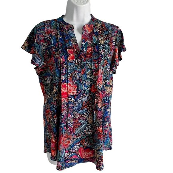 Juniper + Lime Dotted Floral Lace Up Short Sleeve Top Size Small - Picture 2 of 10